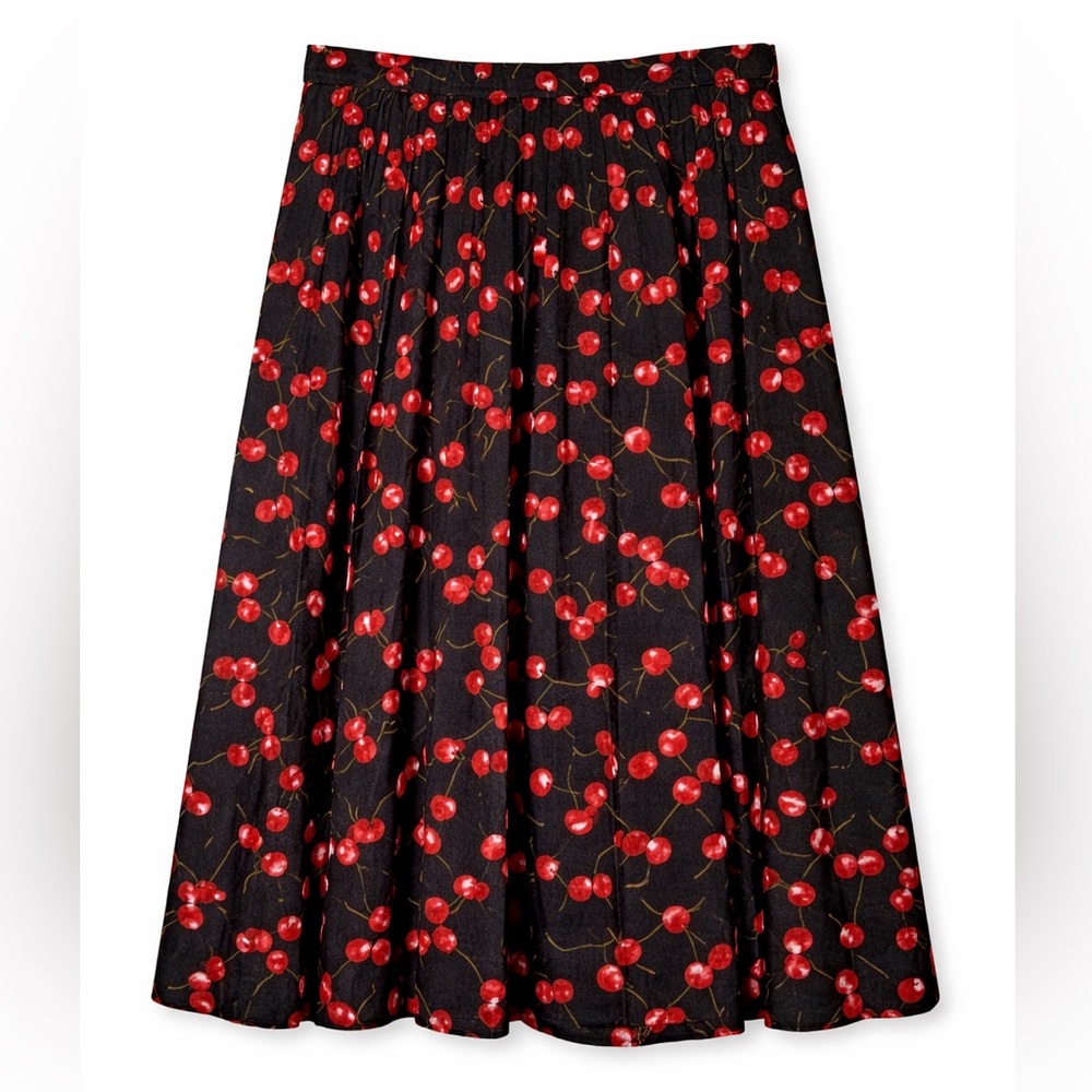 J.Crew Cherry Print Pleated Skirt‎ Black Red Retro Cottagecore Midi 12